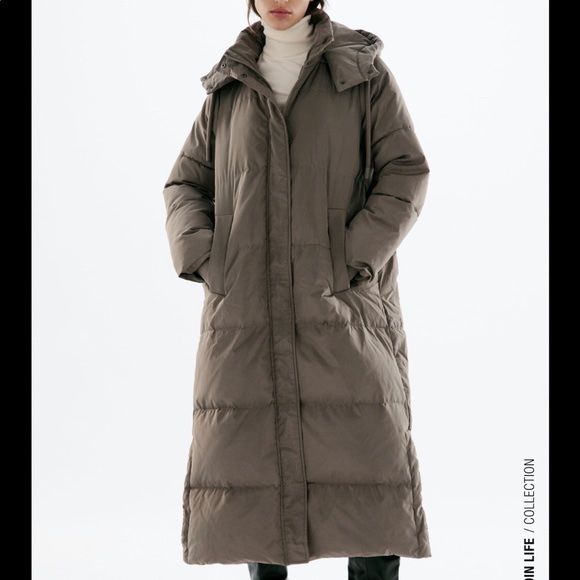 Zara hoded long jacket with duck feither