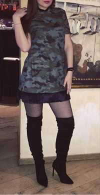 Rochie dama tricotata scurta Zara cu blana navy imprimeu militar
