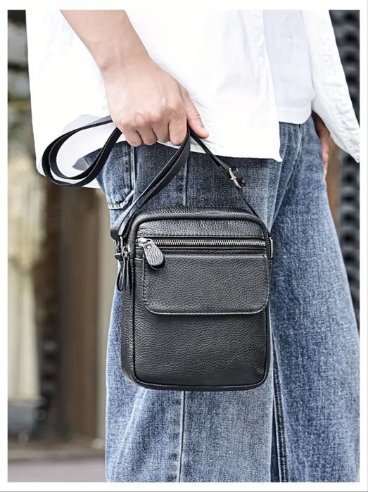 Мъжка компактна кожена чантичка с капаче /Гланцова черна естест. кожа!