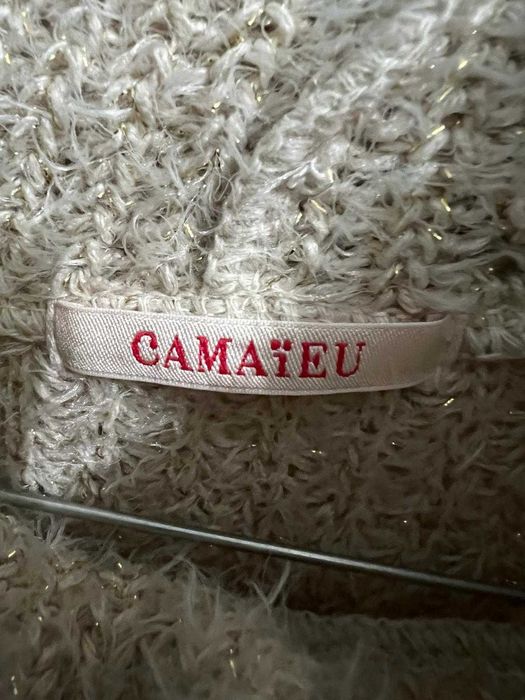 pulover bluza groasa cu guler dama Camaieu bej cu fir auriu marime M