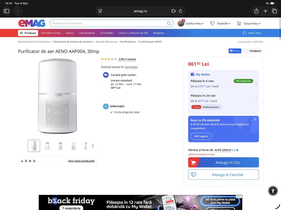 Purificator de aer AENO AAP004, 30mp filtru HEPA