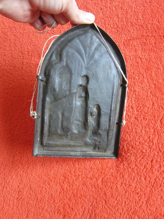 cadou rar bronz semnat, relief tema religioasa