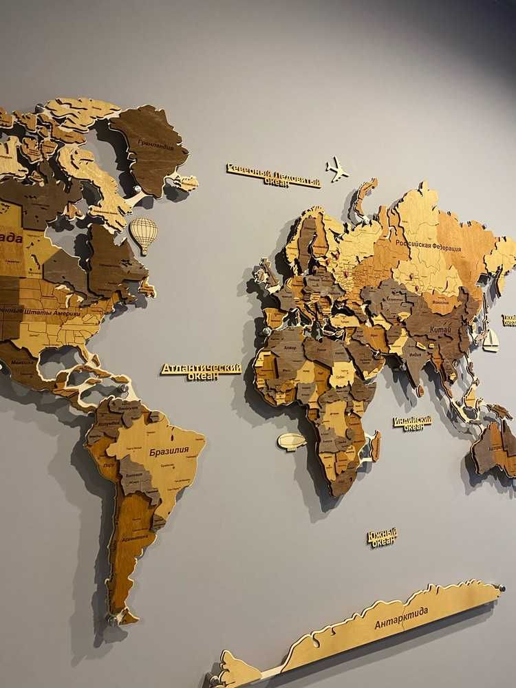 3D Карта мира из дерева. Декор/Интерьер/ Подарок/Дизайн/Подсветка №3