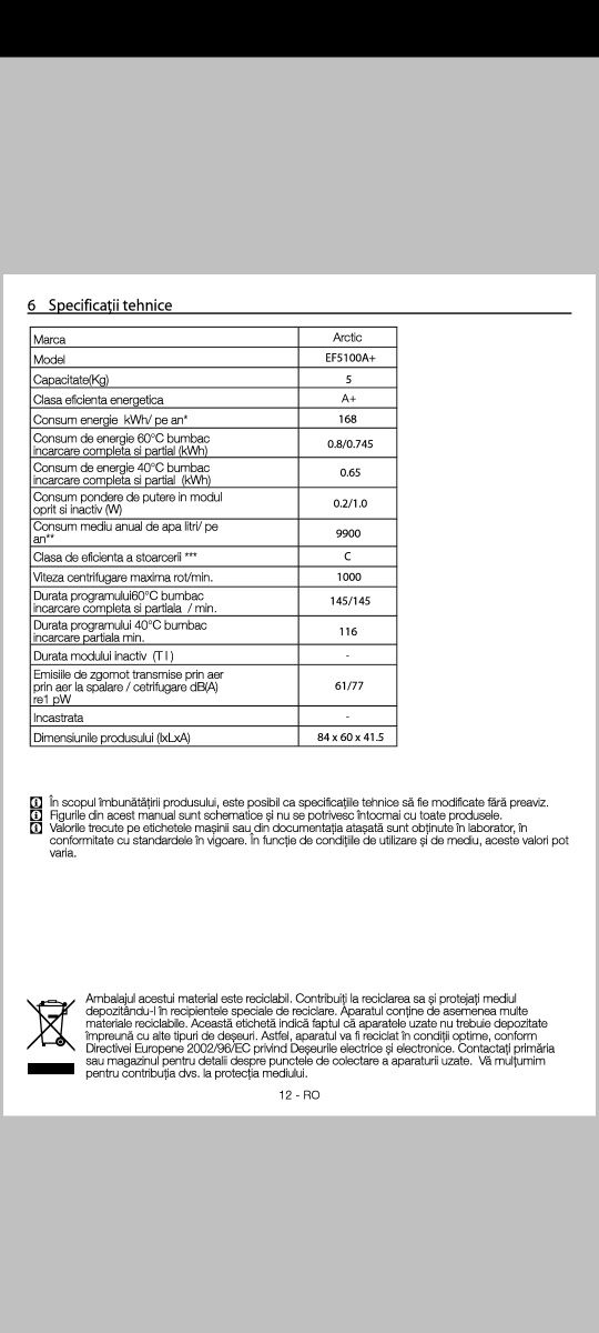 Mașină de spălat rufe Arctic EF5100A+, 5kg, 1000 rpm