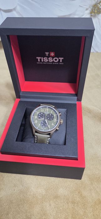 Ceas cronograf TISSOT cu o curea de piele, Auriu, VERDE INCHIS