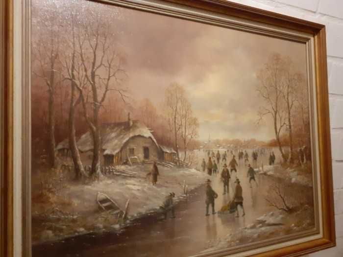 Superbă pictură-ulei pe panză-Peisaj de iarnă-Olanda
