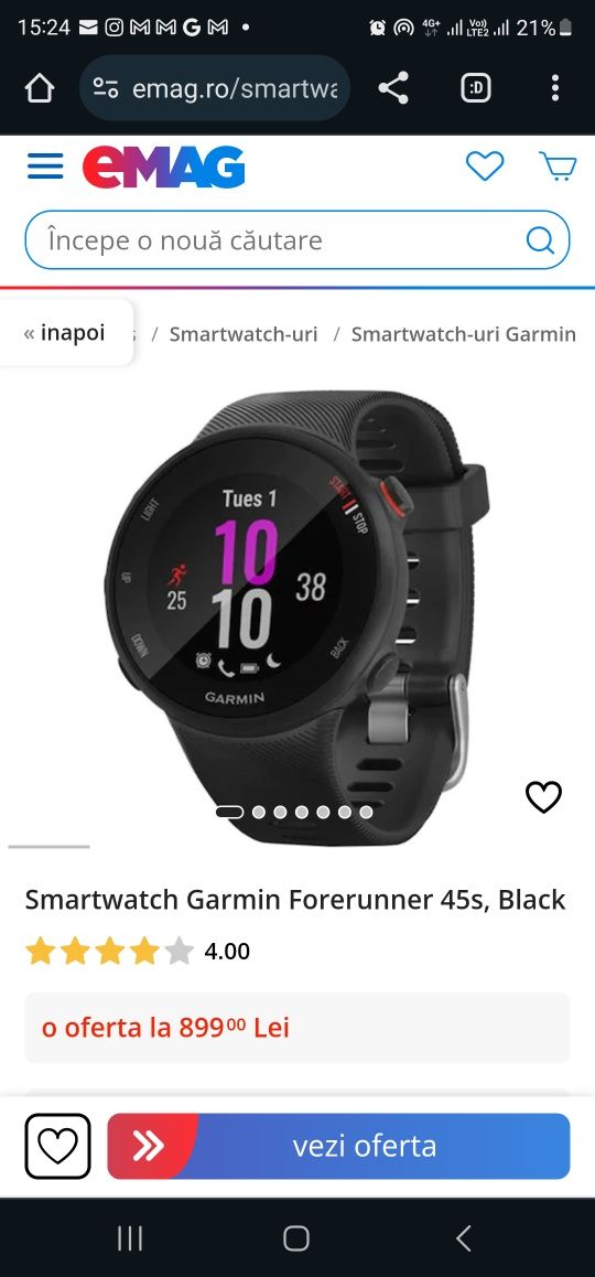 Smartwatch Garmin Forerunner 45s, Black (schimbat pe garantie)