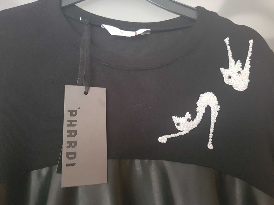 Уникален, бутиков топ PHARDI- комбинация плат и кожа