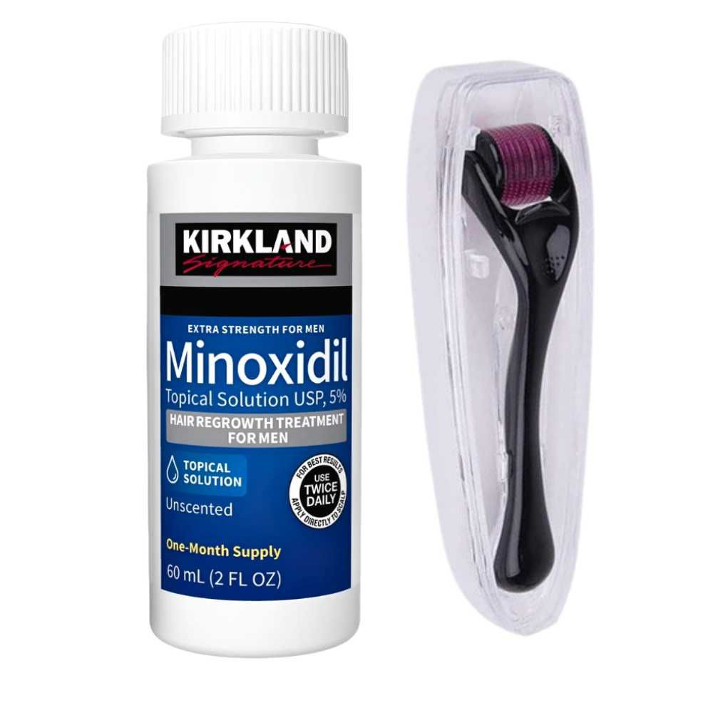 Minoxidil Kirkland 5%, 1 Luna Aplicare si Dermaroller + Pipeta sticla