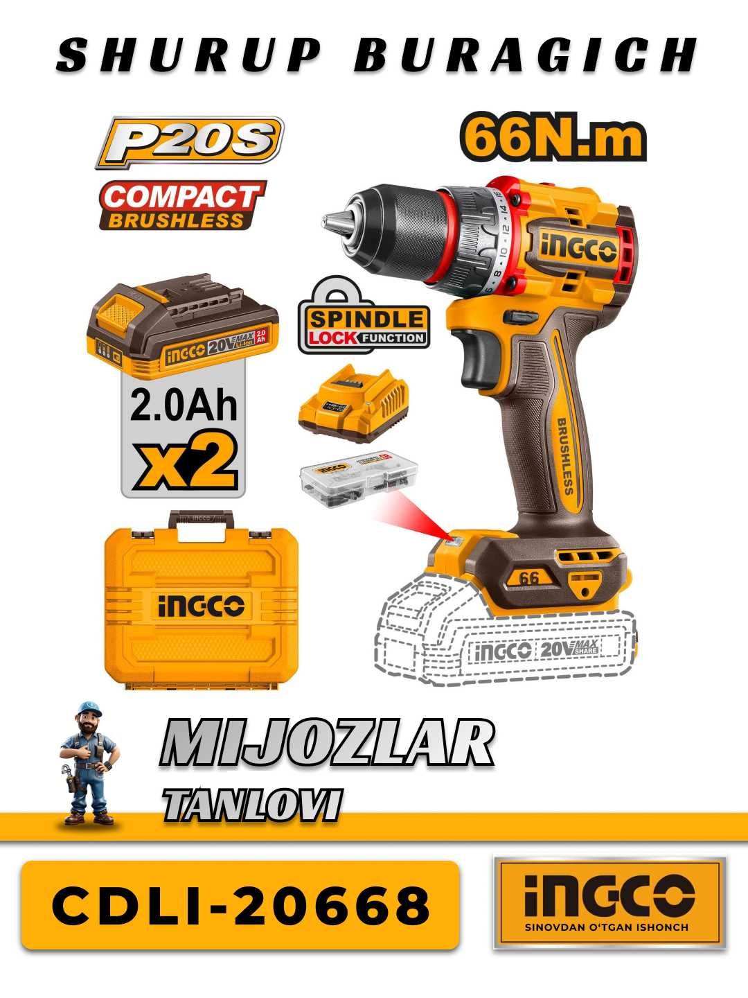 Shurup buragich / Аккумуляторный шуруповёрт INGCO CDLI-20668