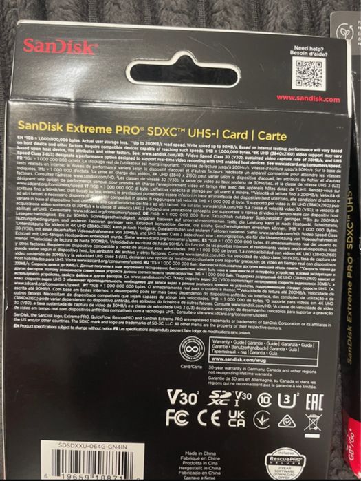 card SanDisk extreme pro 64gb 200mb/s uhs-i V30 4K – nou sigilat