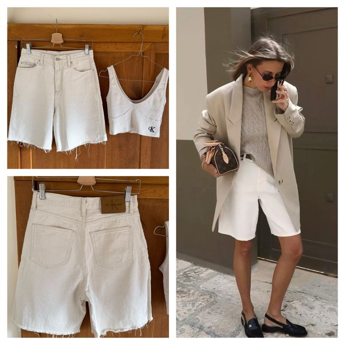 Calvin Klein Jeans бежови широки бермуди с лен и кроп топ рипс