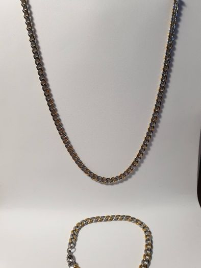 Комплект верижка и гривна стомана- тройно позлатени жълто и бяло злато