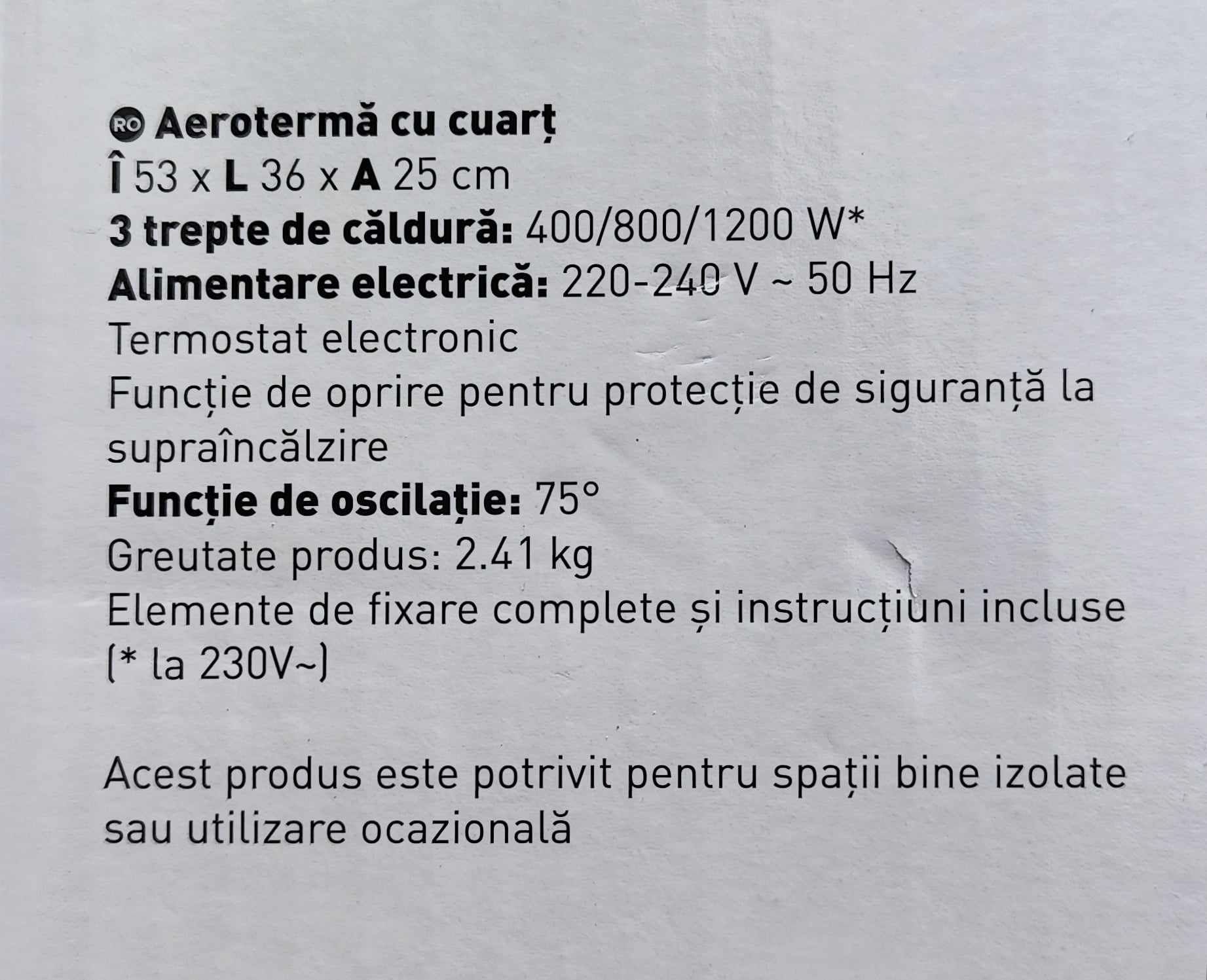 Aerotermă electrica cu 3 trepte de căldură și rotație la 75 grade.