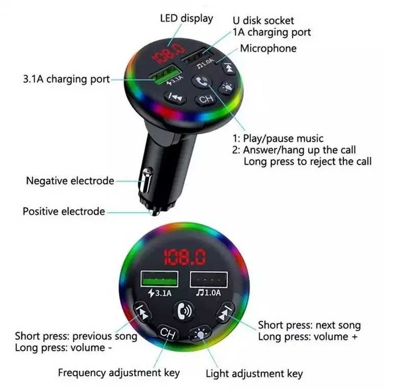 FM Трансмитер F13 Bluetooth 5.0 с бързо зареждане. Зарядно за телефон