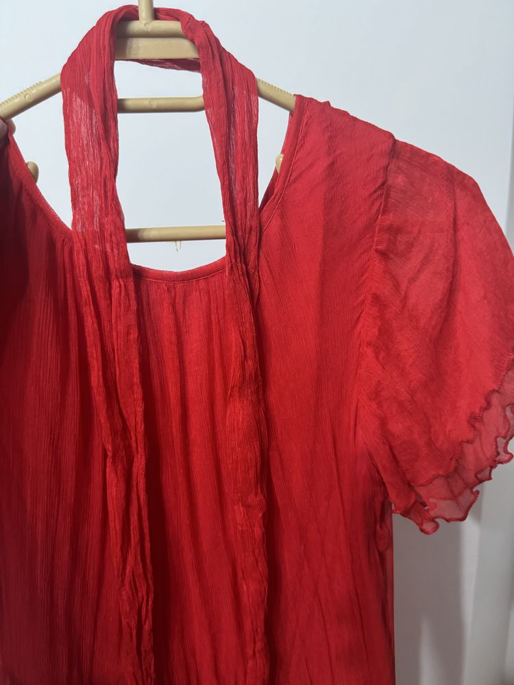 Rochie ocazie matase rosie cu cordon