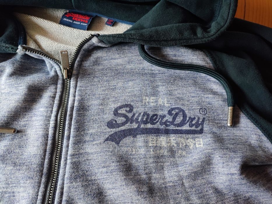 Оригиналени суитчъри якта худи Супердрай Superdry качулка цип Хл/Л