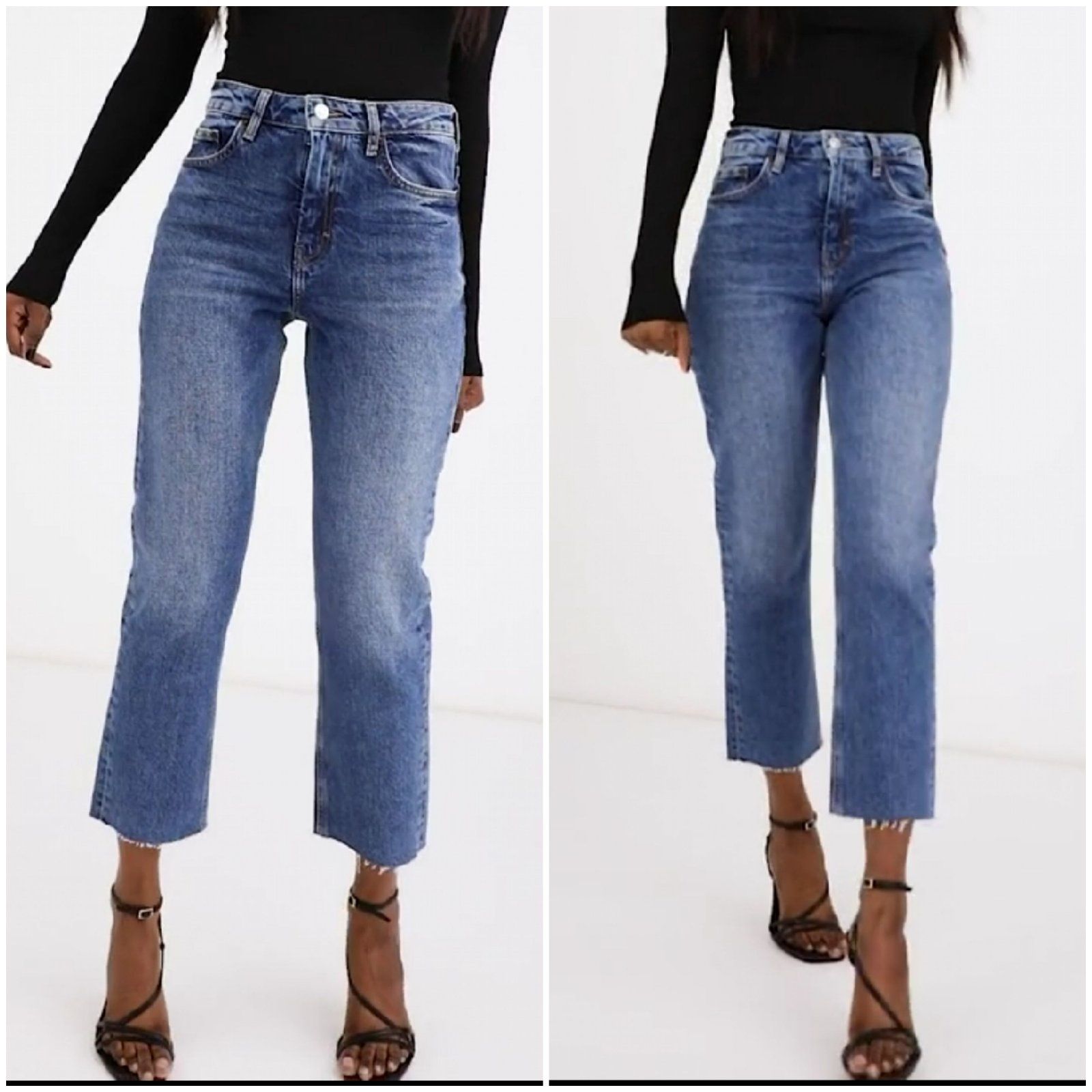 Дънки S/M 38 висока талия прави скъсен крачол сини mid wash blue jeans