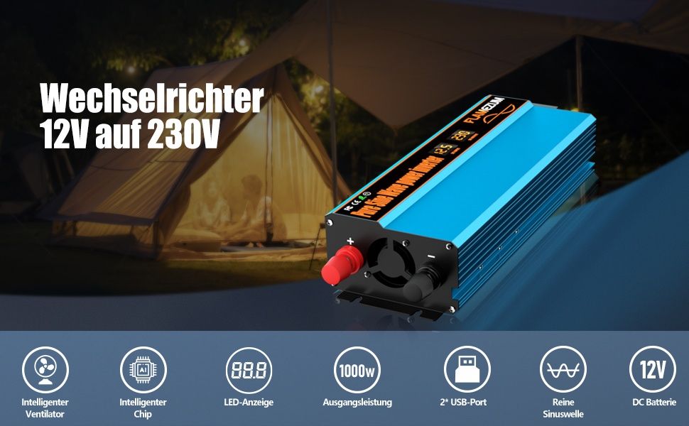 1000W инвертор с дисплей + адаптер за запалката + кабели + бушони
