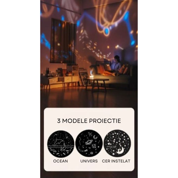 Umidificator cu lampa de veghe si proiector 360°, 500 ml