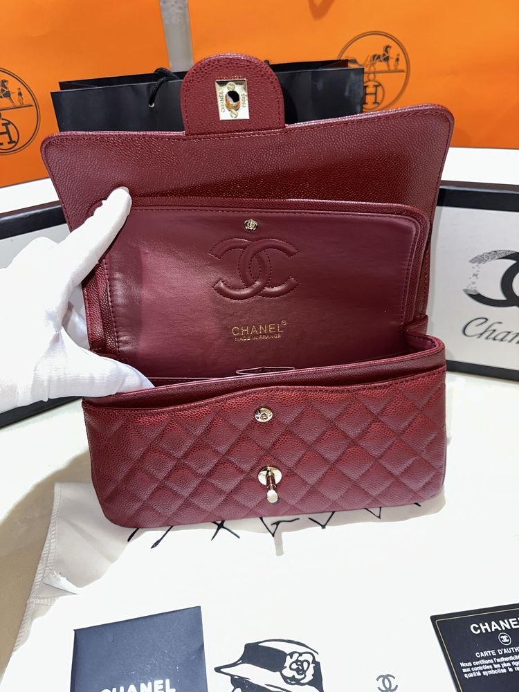 Geanta Chanel Piele naturala/Piele caviar Visiniu/Accesorii Gold