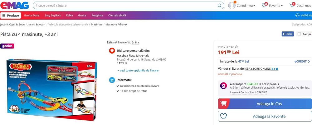 Pista cu 4 masinute incluse, rotire la 360 grade