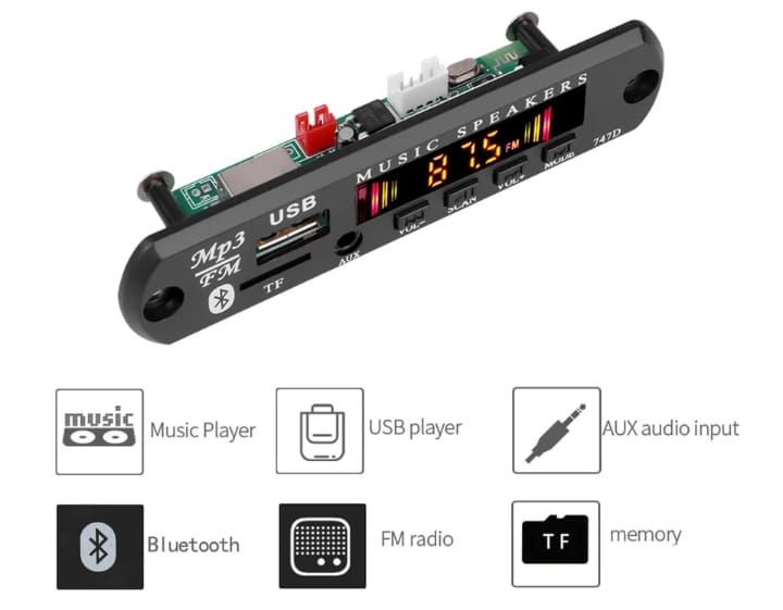 Modul mp3 cu Bluetooth, Aux, Radio FM si usb la 12V - din Taiwan