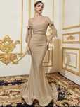 Rochie de ocazie/rochie de seara tip sirena trena,Noua bej/crem, 34/xs