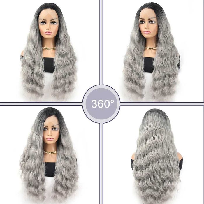Висококачествена дантелена сива омбре перука с тъмни корени лейс фронт
