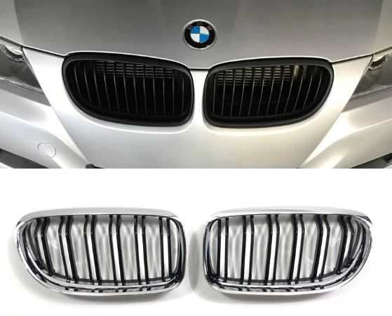 Grile Nari Duble M Design BMW E90 E91 LCI Facelift Crom si Negru