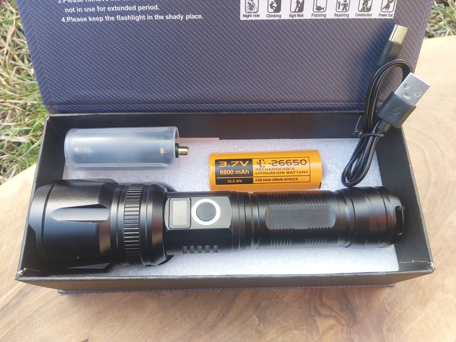 Мощен LED фенер JMK малък,USB зареждане с дисплей за заряда на батерия