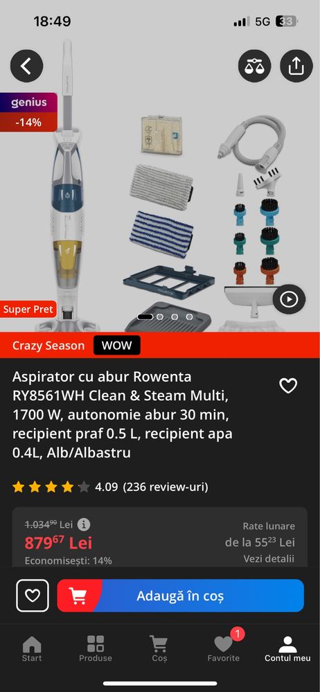 Aspirator cu abur Rowenta RY8561 WH Clean & Steam Multi