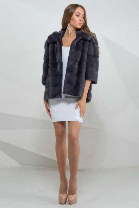 Haina blana vizon , Haină blană nurcă cu glugă, gri , 4 in 1 , m.M-XL