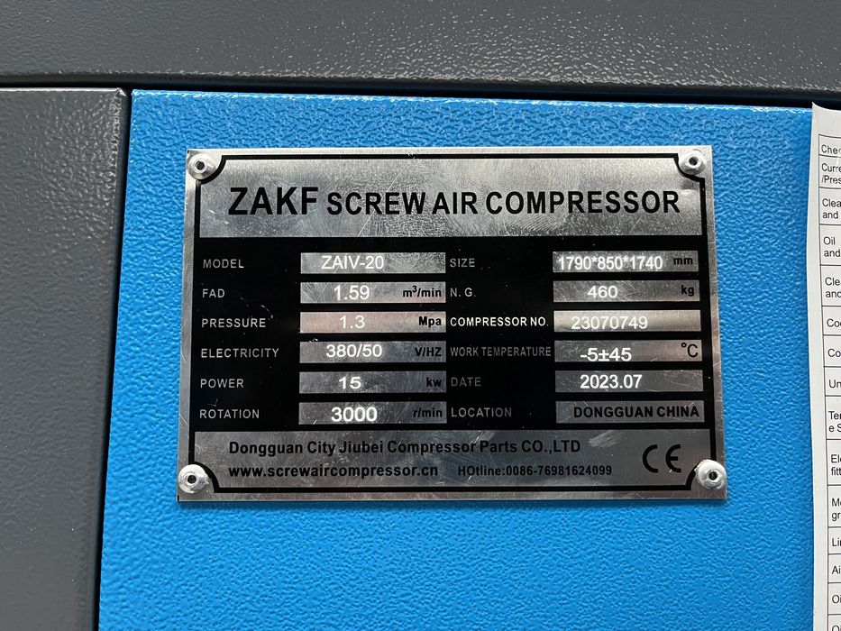 Compresor ZAKF - 15 KW, 13 Bar, cu uscator si rezervor de 400 L