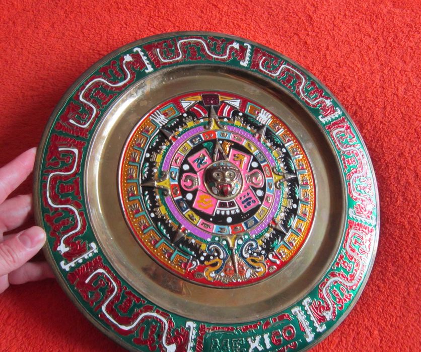 cadou rar Plate Calendar Aztec Maya bronz pictat email Mexic 1980