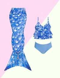 Costum nou de baie cu coada de sirena 3 piese albastru copii 6-7 ani