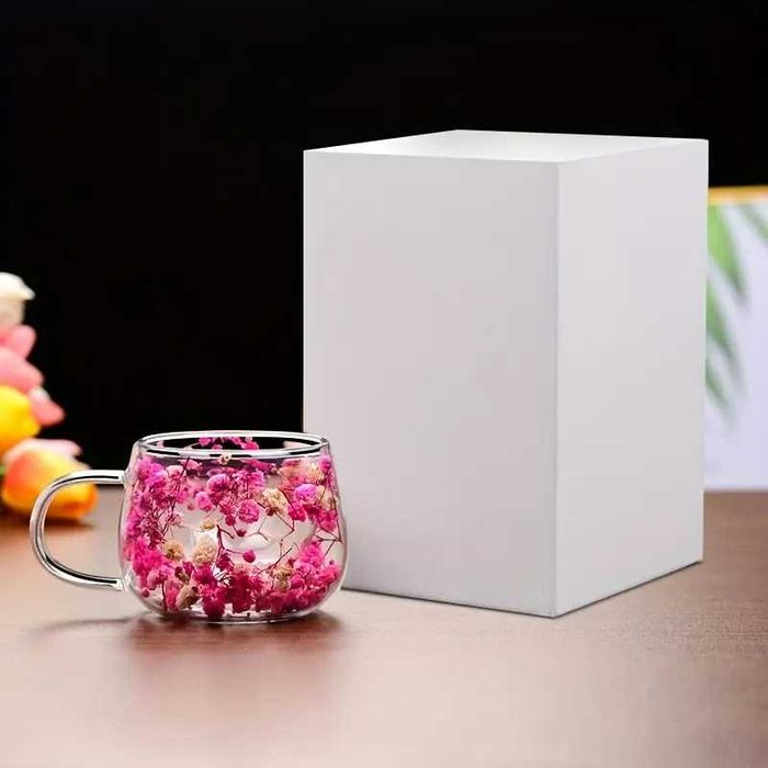Ceașcă Cană Sticlă Borosilicată cu Pereți Dubli și Flori Uscate 150 ml