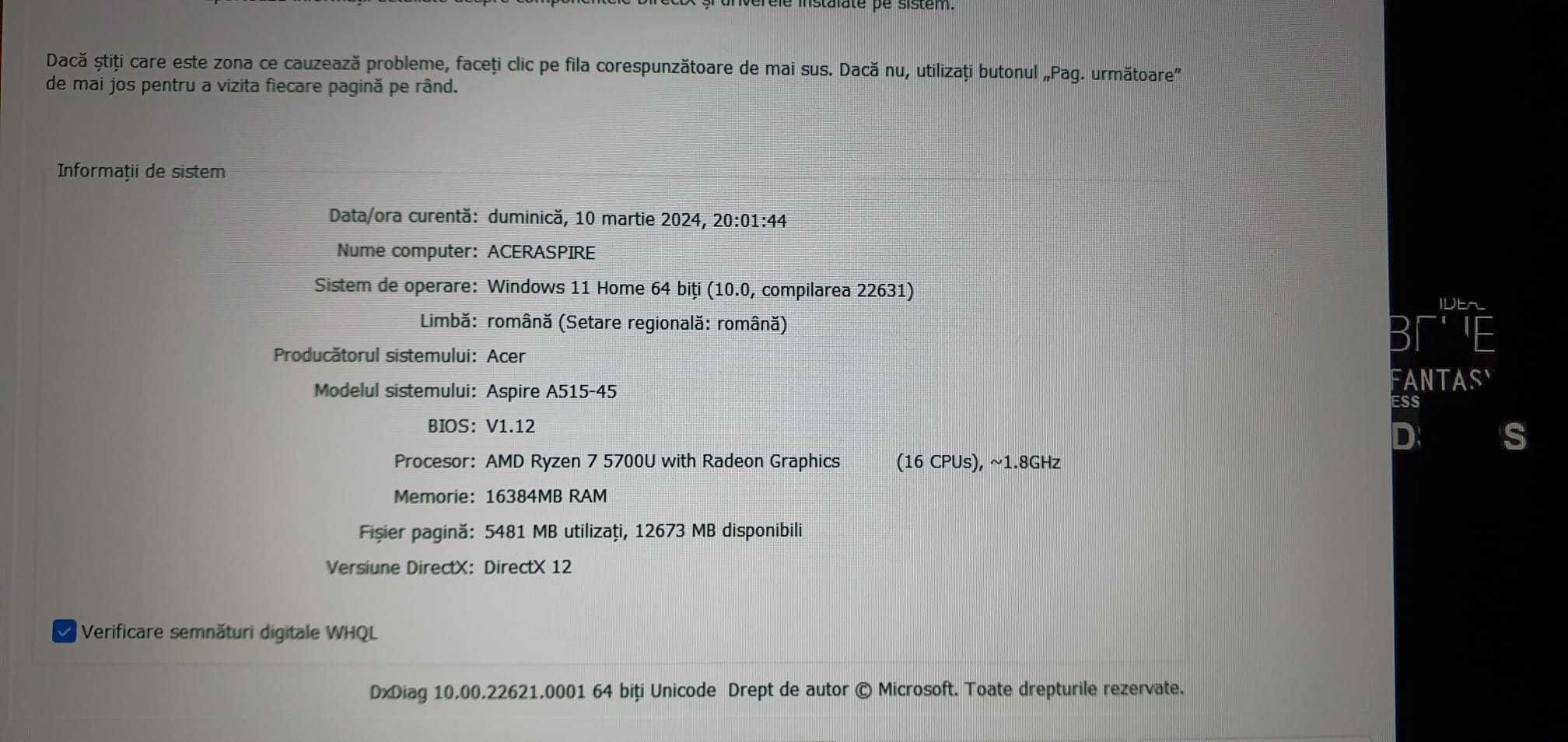 Vând Laptop Acer Aspire 5 , 16GB 1TB W11 +Asigurare Casco