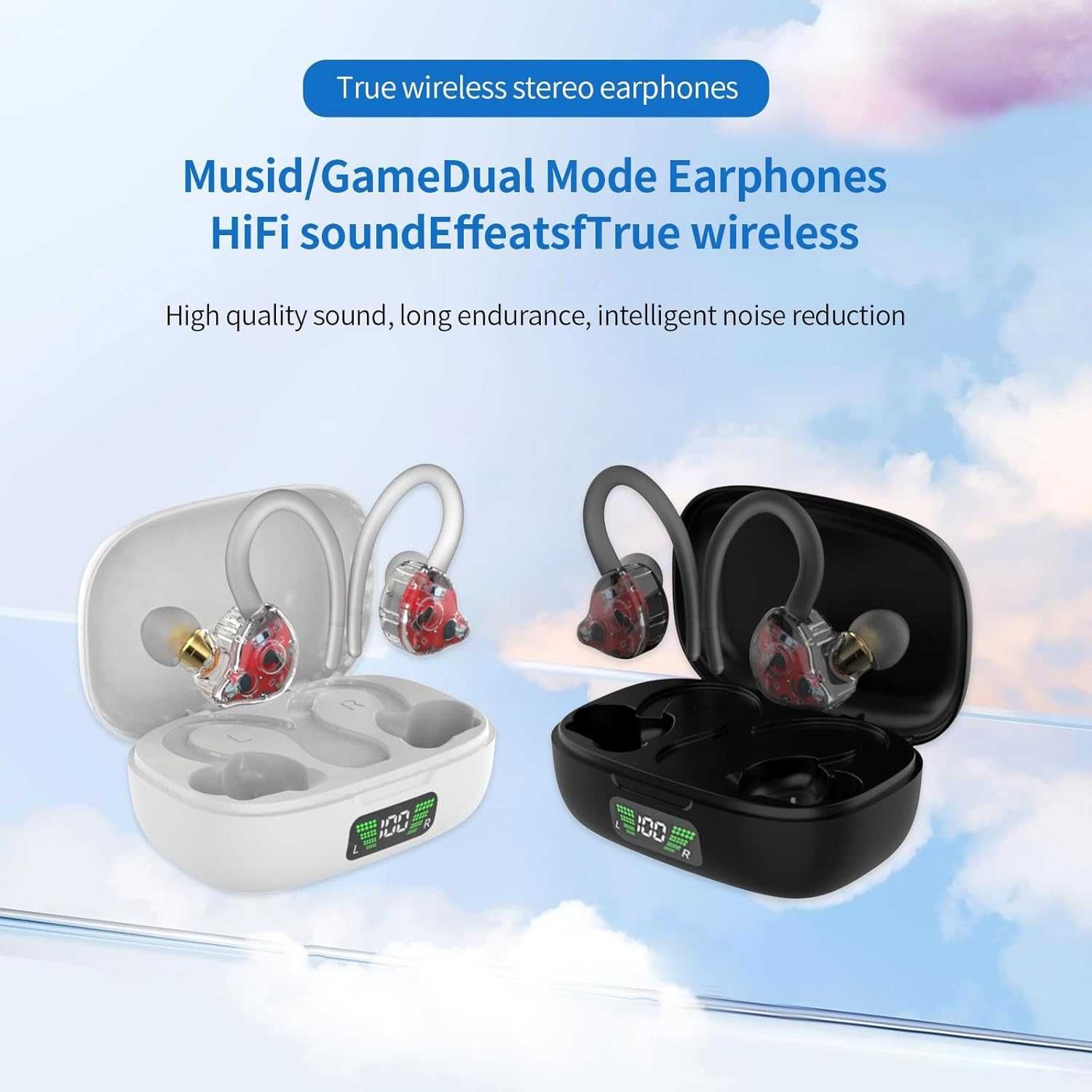 JISWK 2 пакета безжични слушалки в ушите, Bluetooth 5.3, 40 ч, кукички