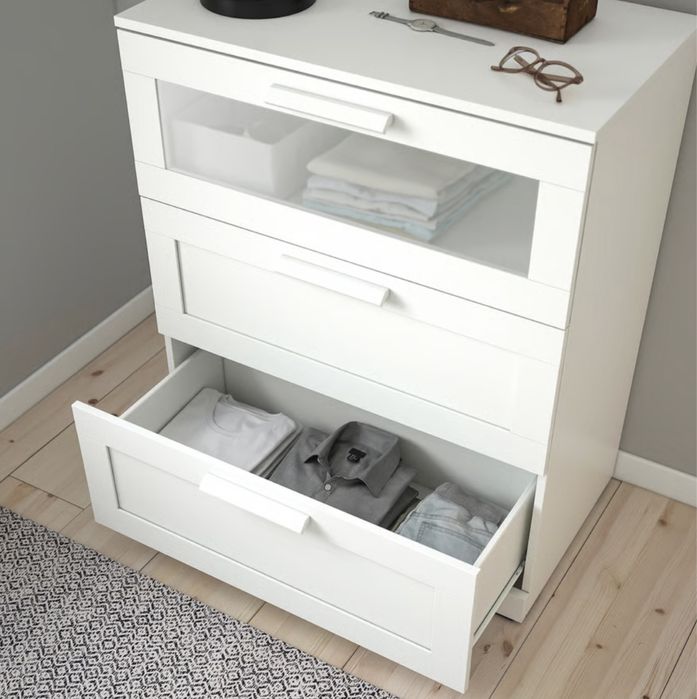 Comodă Brimnes 3 sertare, alb/sticlă mată, 78x95 cm IKEA