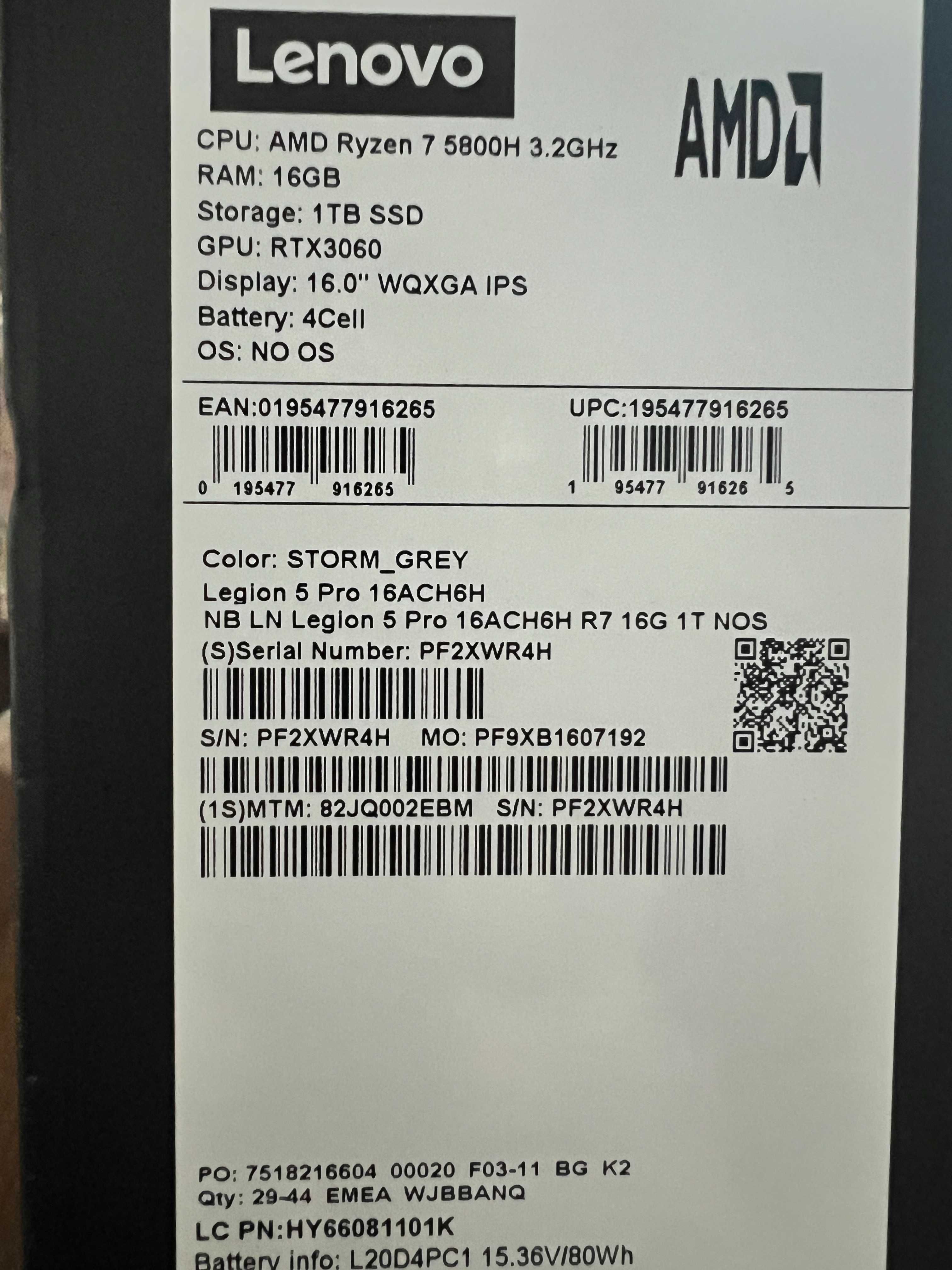 Lenovo Legion 5 PRO 16.0" Ryzen 7 5800H 16RAM RTX 3060 и ново NVME 1TB