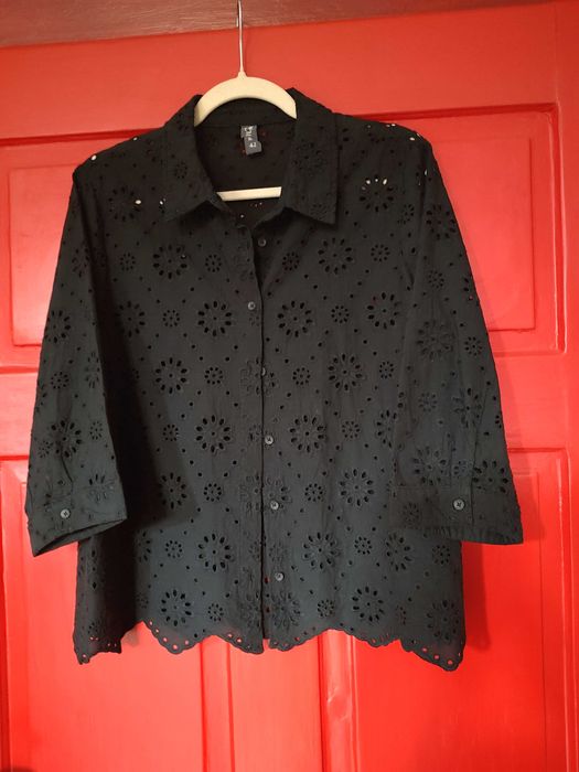 Camasa neagra broderie maneca 3/4 bumbac