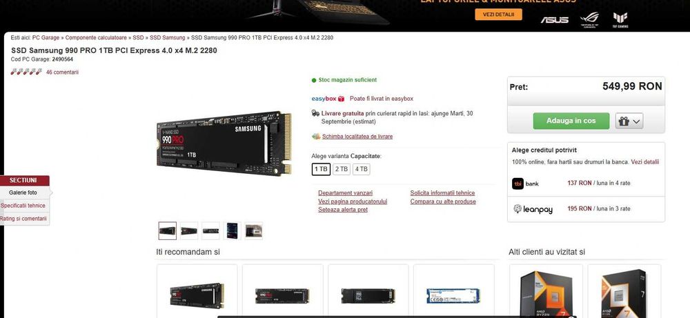 SSD Samsung 990 PRO de 1 TB PCI Express 4.0  , NOU , fara ambalaj