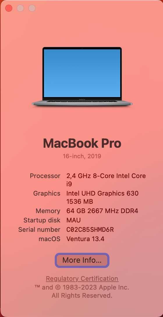 MacBook Pro i9 2.4GHz 16" 2TB SSD 64 GB RAM / 2020