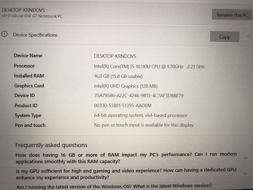 HP ProBook 650 G7-15.6",Intel Core i5-10310U,16GB-DDR4,512GB NVMe-SSD