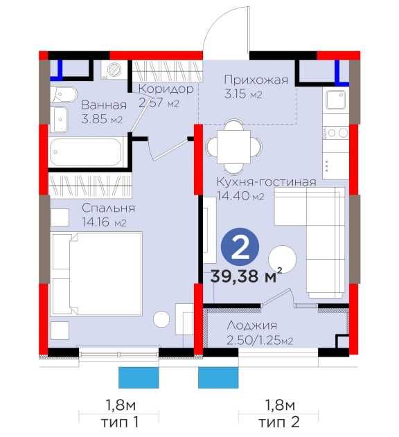 2-комнатная квартира  39.38 м2 в BI Sado, Яшнабадский район, 9/9 этаж