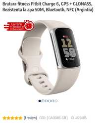 Bratara fitness Fitbit Charge 6, GPS + Glonass,Bluetooth,NFC,Argintiu