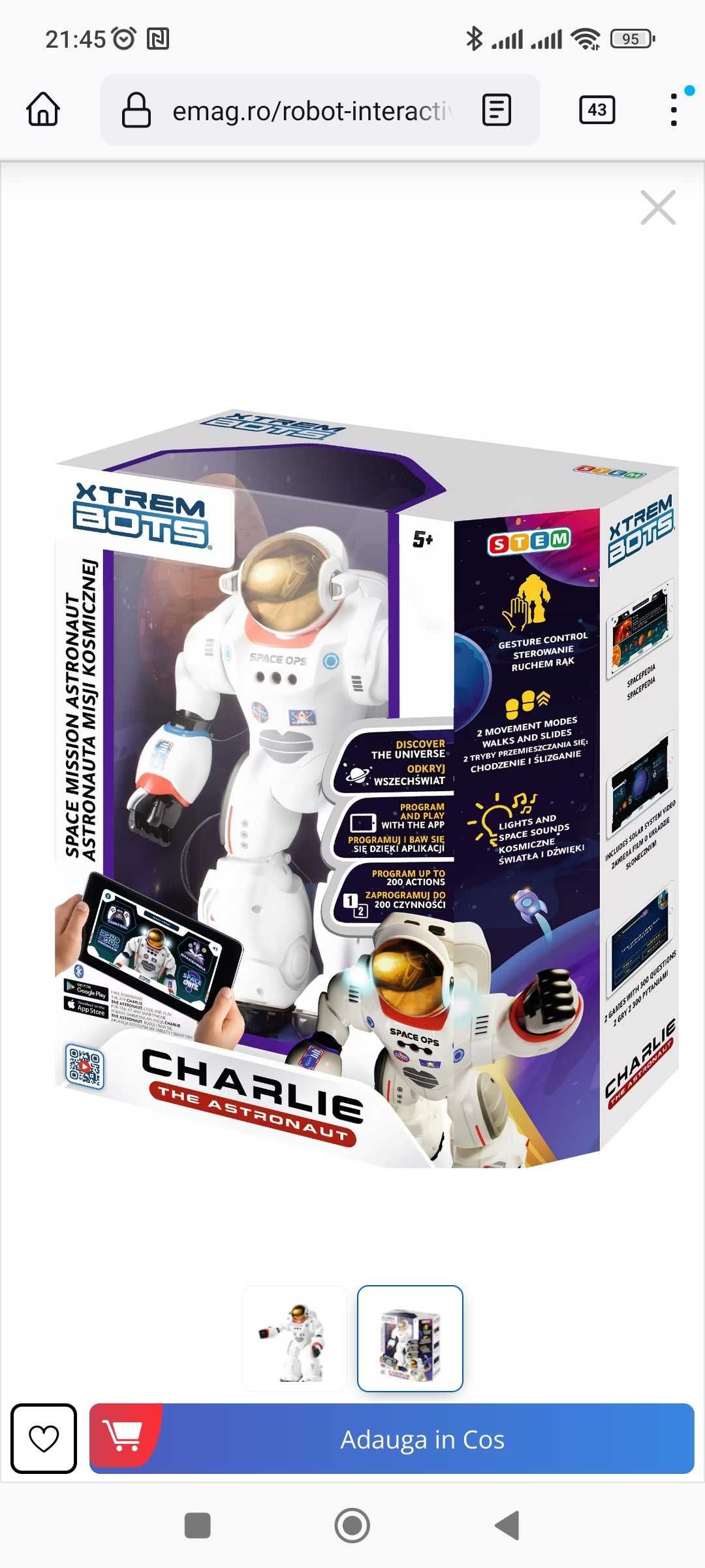 Robot interactiv charlie astronaut cu aplicatie pe telefon + jocuri