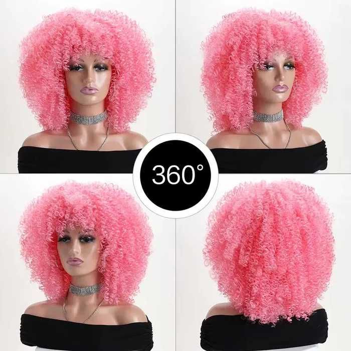 Розова къса афро къдрава перука