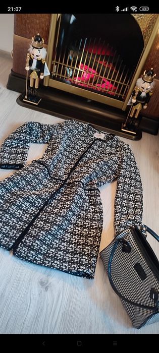 Paltonaș elegant Orsay, negru cu alb, stil Chanel, amestec de lână